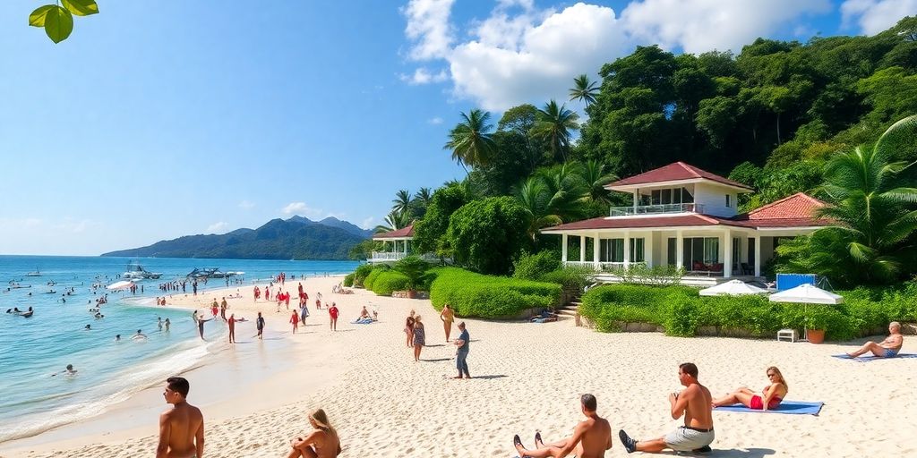 Phuket beach with tourists and luxury villas in view.